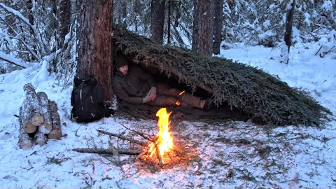 Winter Survival Shelter - Sleeping Outside in -25° Weather