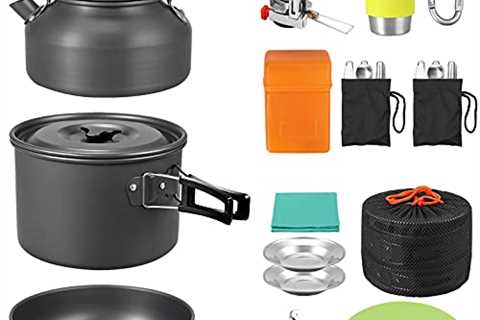 VinTeam 21pcs Camping Cookware Mess Kit with Folding Camping Stove, Lightweight Pot Pan Kettle Set..