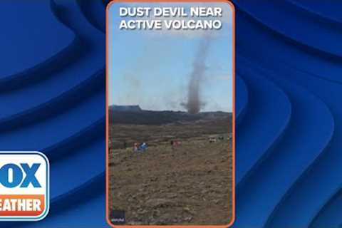 Dust Devil Forms Near Active Volcano in Iceland