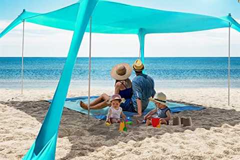 Beach Tent Sun Shelter UPF50+, 10x10 FT Family Pop Up Sun Shade with 4 Aluminum Poles, Beach..