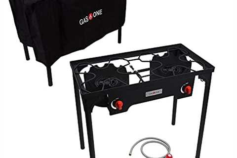 GasOne Two Burner Propane Camp Stove with Cover Outdoor High Pressure Propane Double Burner, Red..